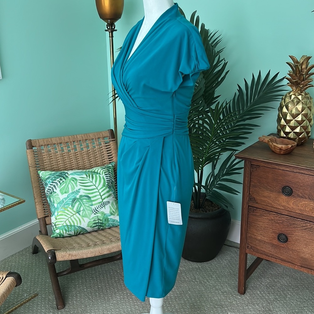 Suzi Chin for Maggy Boutique Teal Faux Wrap Jersey Knit Dress - Size 6